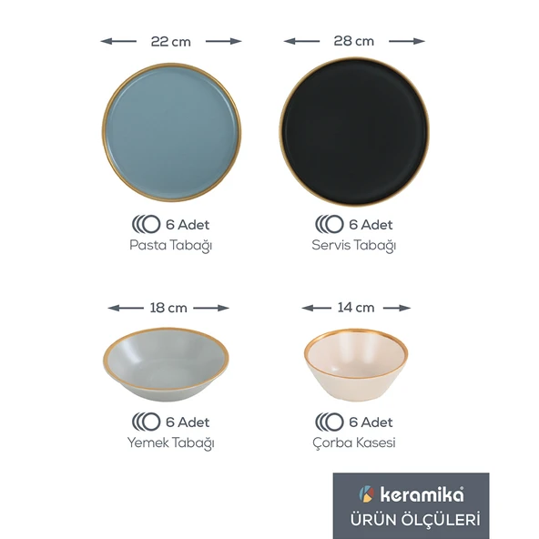 Keramika Safir Gri Yemek Takımı 6 Kişilik 24 Parça 624-995 - 2