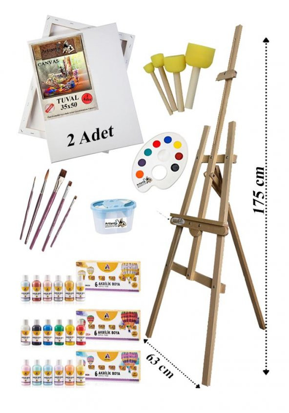 Akrilik Boya Resim Seti Adel 18 Renk Akrilik Boya Şövalye 2 Tuval 35x50 Fırça Spatula Palet Şövale - 1