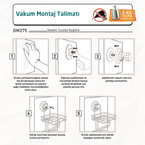TEKNOTEL DELME VİDA MATKAP YOK!  VAKUMLU YEDEKLİ TUVALET KAĞITLIK MAT SİYAH DM275 - 4
