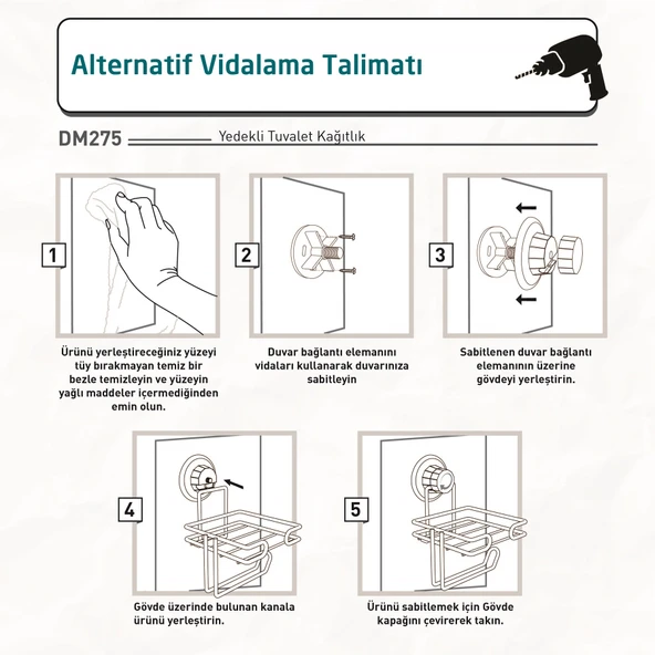 TEKNOTEL DELME VİDA MATKAP YOK!  VAKUMLU YEDEKLİ TUVALET KAĞITLIK MAT SİYAH DM275 - 5