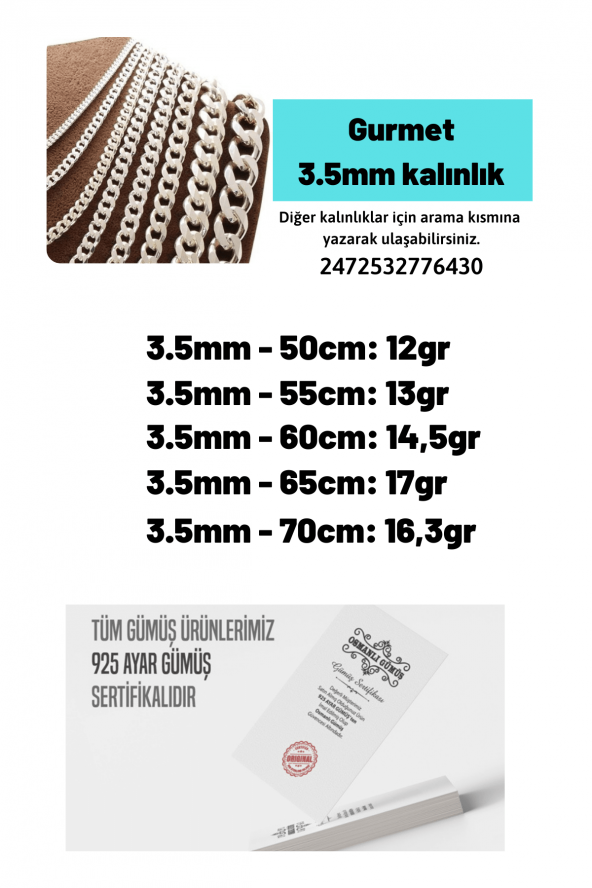 3.5mm Gurmet Model 925 Ayar Gümüş Erkek Bayan Kolye Zincir  2472532776430 - 2