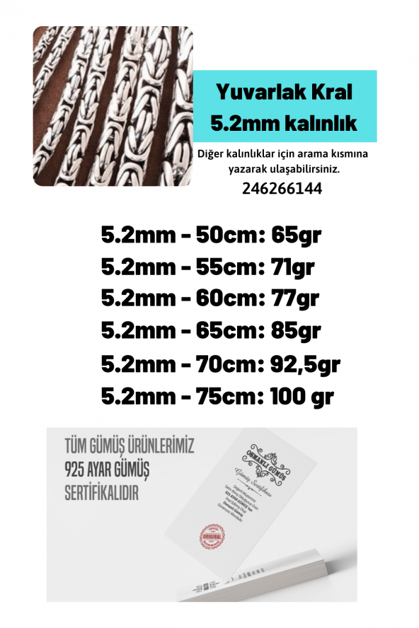 5.2mm Yuvarlak Kral Model 925 Ayar Erkek Gümüş Kolye Zincir 246266144 - 2