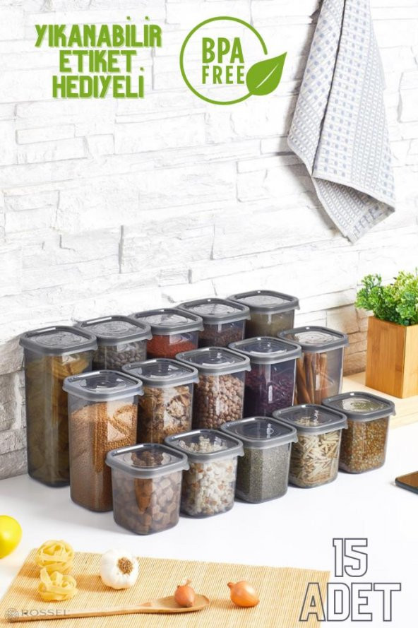 Rossel Premium Lüks Füme 15li Erzak Saklama Kabı Etiket Hediyeli