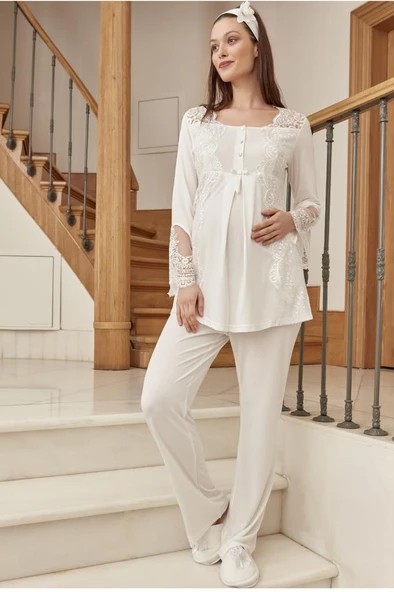 Mecit 5015 Bayan Hamile Lohusa Ekru Dantelli Pijama Takımı - 3