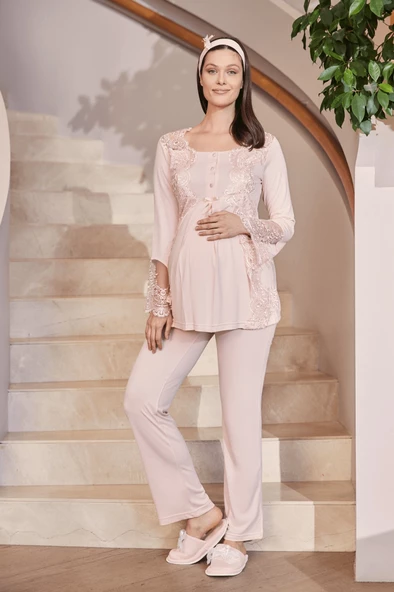 Mecit 5015 Bayan Hamile Lohusa Pudra Dantelli Pijama Takımı - 4