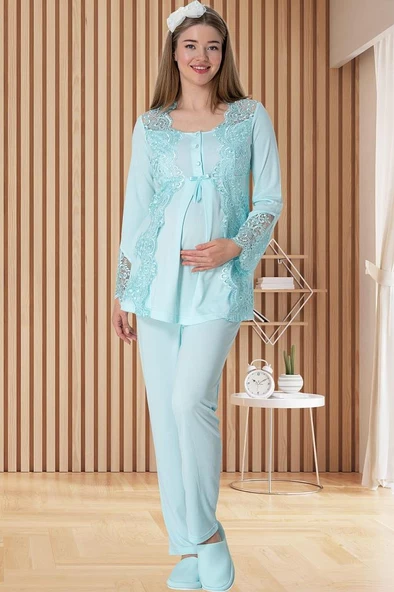 Mecit 5015 Bayan Hamile Lohusa Turkuaz Dantelli Pijama Takımı - 3