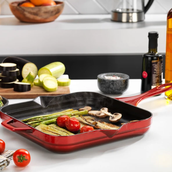 Schafer Guss Chef Döküm Kare Kızartma Tavası 28x28 Cm-Kırmızı - 2