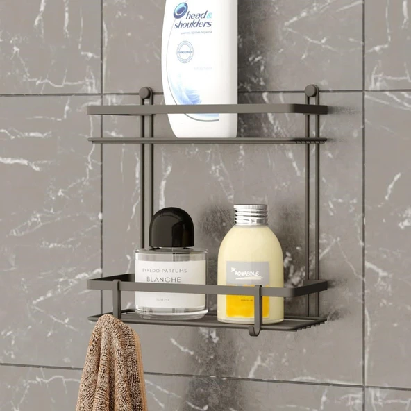TEKNOTEL İKİ KATLI KANCALI BANYO RAFI SİYAH ES067H - 11