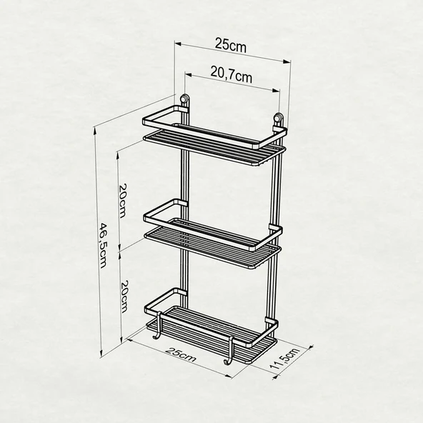 TEKNOTEL 3KATLI KANCALI BANYO RAFI MAT SİYAH ES065H - 5