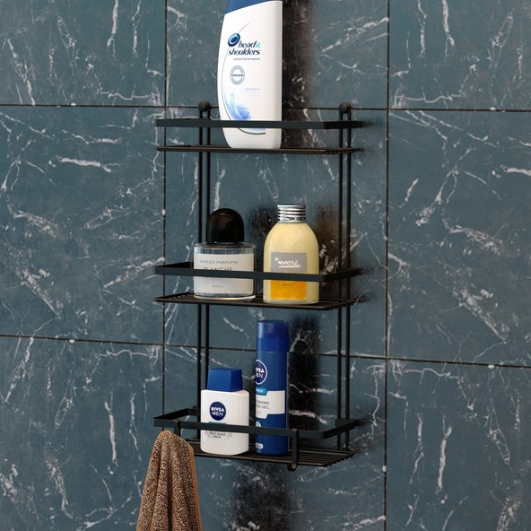 TEKNOTEL 3KATLI KANCALI BANYO RAFI MAT SİYAH ES065H