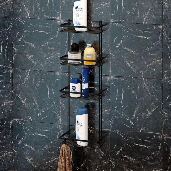 TEKNOTEL DÖRT KATLI KANCALI BANYO RAFI SİYAH ES060H