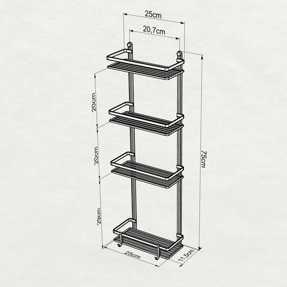 TEKNOTEL DÖRT KATLI KANCALI BANYO RAFI SİYAH ES060H - 5