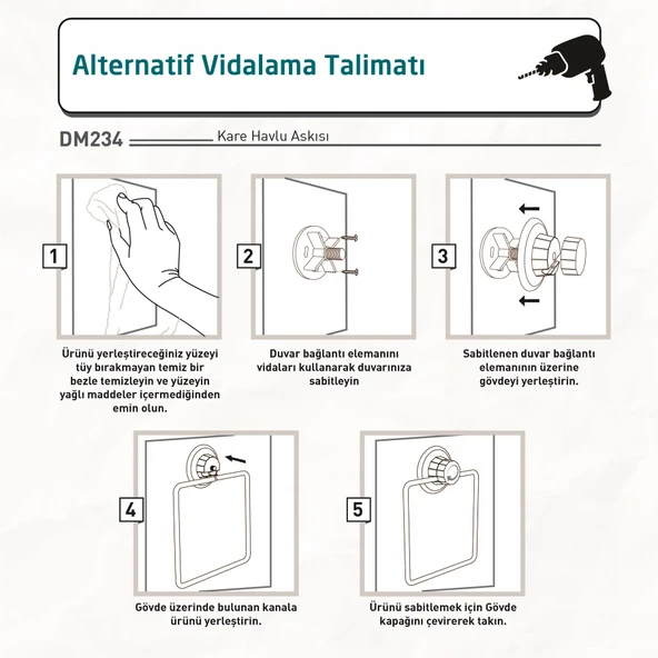 TEKNOTEL DELME VİDA MATKAP YOK! VAKUMLU KARE HAVLULUK MAT SİYAH DM234 - 5