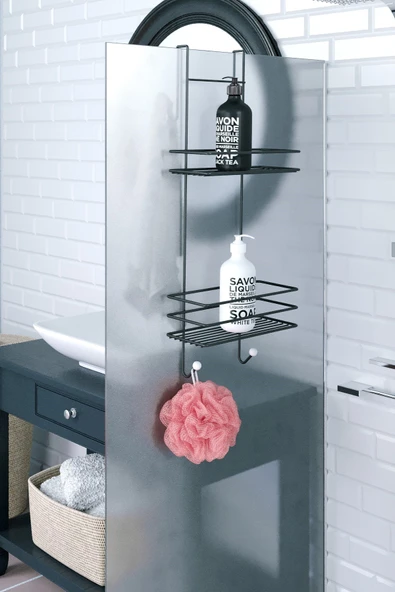 TEKNOTEL İKİ KATLI ASMALI DUŞAKABİN RAFI MAT SİYAH LM065