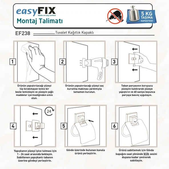TEKNOTEL DELME VİDA MATKAP YOK! easyFIX YAPISKANLI KAPAKLI TUVALET KAĞITLIK MAT SİYAH EF238 - 4