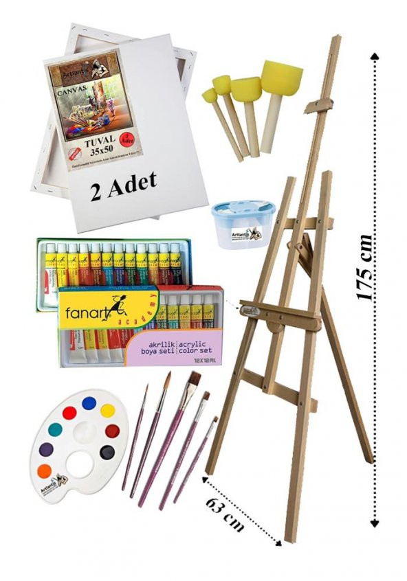 Akrilik Boya Resim Seti Fanart 12 Renk Akrilik Boya Şövalye 2 Tuval 35x50 Fırça Spatula Palet Şövale - 1