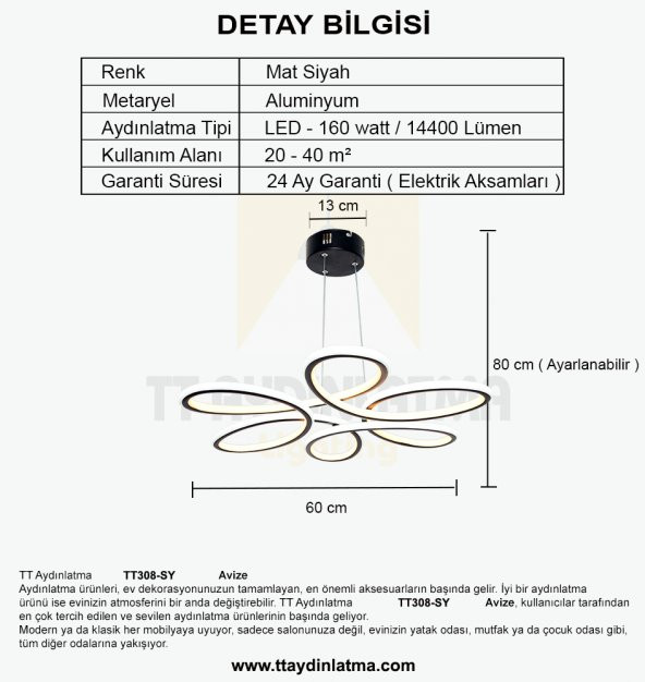 TT Aydınlatma TT308-SY  Papatya Modeli Mat Siyah 2 Renk Modüllü Led Avize - 5