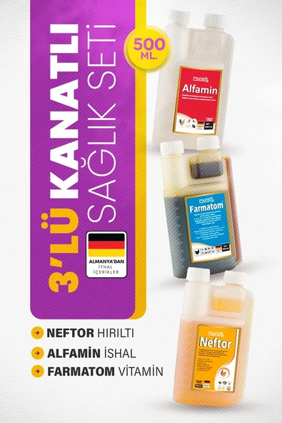 Malatya Yem 3lü Set Kuşlar Için Farmatom Vitamin Alfamin Ishal Neftor Hırıltı Seti (500 Ml) - 1