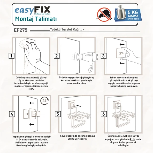 TEKNOTEL DELME VİDA MATKAP YOK! easyFIX YAPIŞKANLI YEDEKLİ TUVALET KAĞITLIK MAT SİYAH EF275 - 4