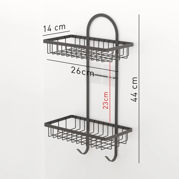 TEKNOTEL YAPIŞKANLI İKİ KATLI KANCALI BANYO RAFI MAT SİYAH ST308 - 3