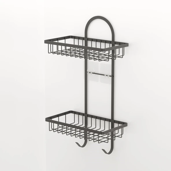 TEKNOTEL YAPIŞKANLI İKİ KATLI KANCALI BANYO RAFI MAT SİYAH ST308 - 2