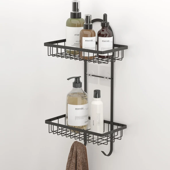 TEKNOTEL YAPIŞKANLI İKİ KATLI KANCALI BANYO RAFI MAT SİYAH ST308