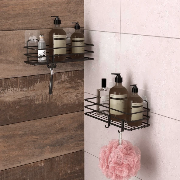 TEKNOTEL YAPIŞKANLI KANCALI 2 ADET BANYO RAFI MAT SİYAH ST217H - 2