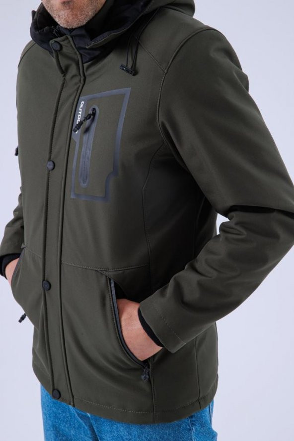 Erkek Kapüşonlu Su Ve Rüzgar Geçirmez Kapitone Içi Kürklü Elyaf Dolgulu Şişme Haki Softshell Mont - 3
