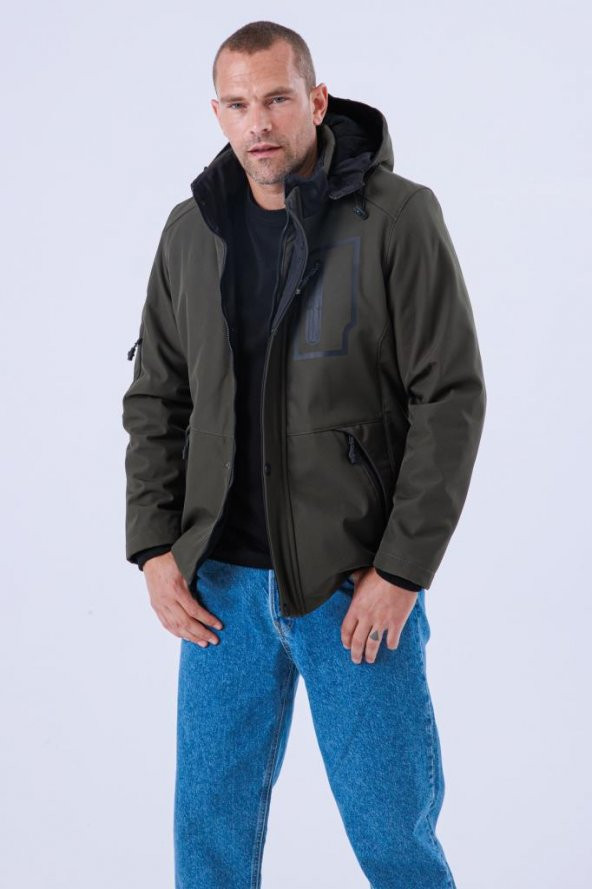 Erkek Kapüşonlu Su Ve Rüzgar Geçirmez Kapitone Içi Kürklü Elyaf Dolgulu Şişme Haki Softshell Mont - 4