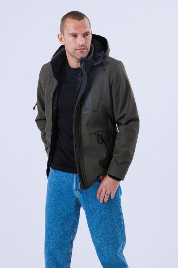 Erkek Kapüşonlu Su Ve Rüzgar Geçirmez Kapitone Içi Kürklü Elyaf Dolgulu Şişme Haki Softshell Mont - 5