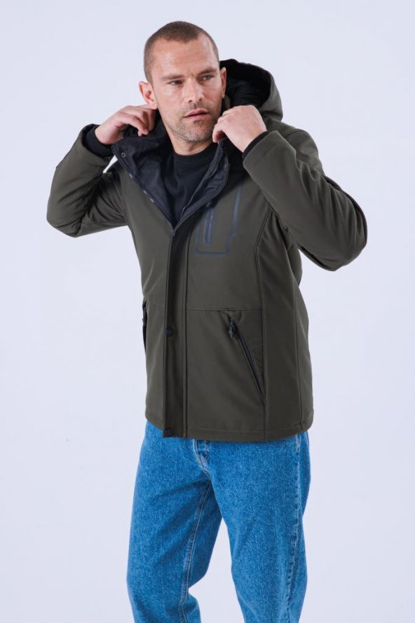 Erkek Kapüşonlu Su Ve Rüzgar Geçirmez Kapitone Içi Kürklü Elyaf Dolgulu Şişme Haki Softshell Mont - 6