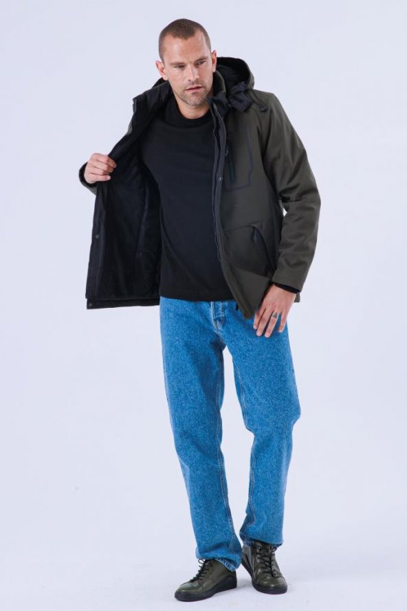 Erkek Kapüşonlu Su Ve Rüzgar Geçirmez Kapitone Içi Kürklü Elyaf Dolgulu Şişme Haki Softshell Mont - 7