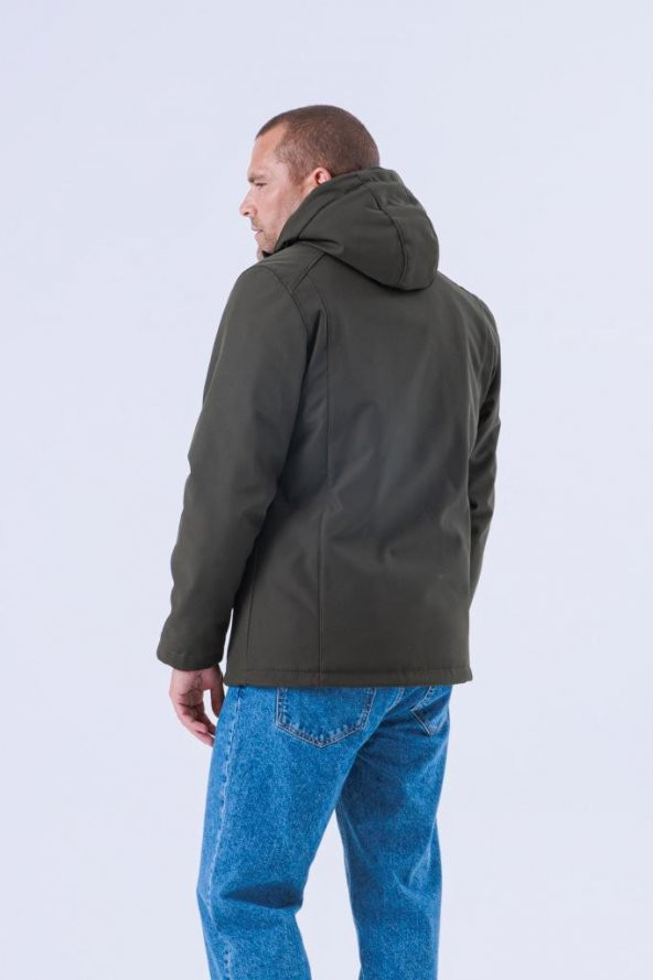Erkek Kapüşonlu Su Ve Rüzgar Geçirmez Kapitone Içi Kürklü Elyaf Dolgulu Şişme Haki Softshell Mont - 8