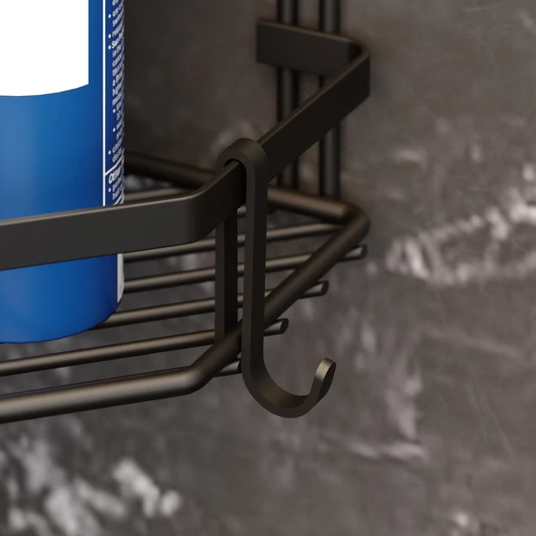 TEKNOTEL İKİ KATLI KANCALI BANYO KÖŞE RAFI MAT SİYAH ES075H - 2