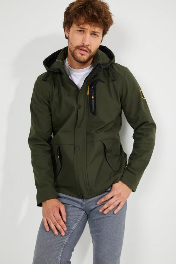 Erkek Haki Kapüşonlu Su Ve Rüzgar Geçirmez Cep Detaylı İçi Kürklü Softshell Mont - 6