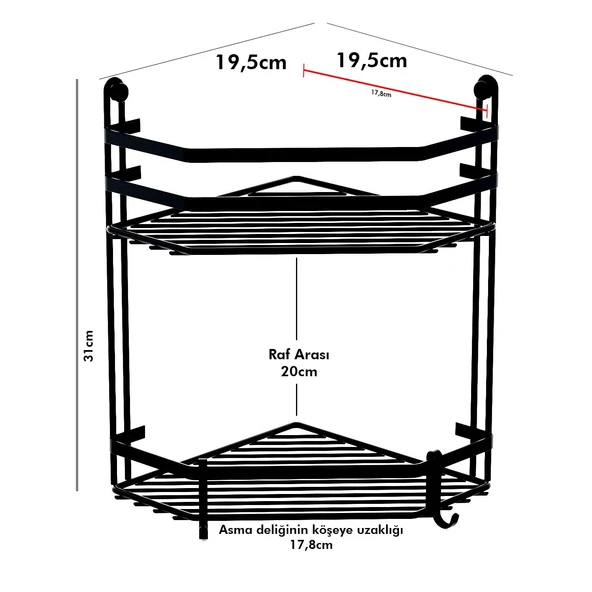 TEKNOTEL İKİ KATLI KANCALI BANYO KÖŞE RAFI MAT SİYAH ES075H - 5