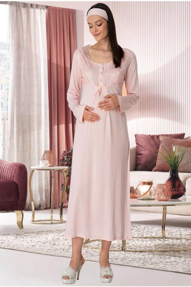 Mecit 5355 Bayan Hamile Lohusa Pudra Sabahlık Pijama Gecelik Seti - Resim 3