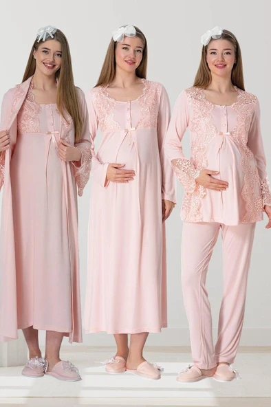 Mecit 5355 Bayan Hamile Lohusa Pudra Sabahlık Pijama Gecelik Seti - Resim 7