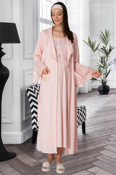 Mecit 5354 Bayan Hamile Lohusa Pudra Sabahlık Gecelik Takımı - Resim 3
