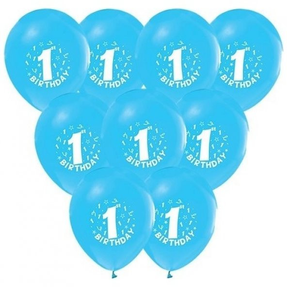 1 Yaş Baskılı Mavi Balon 25 Adet