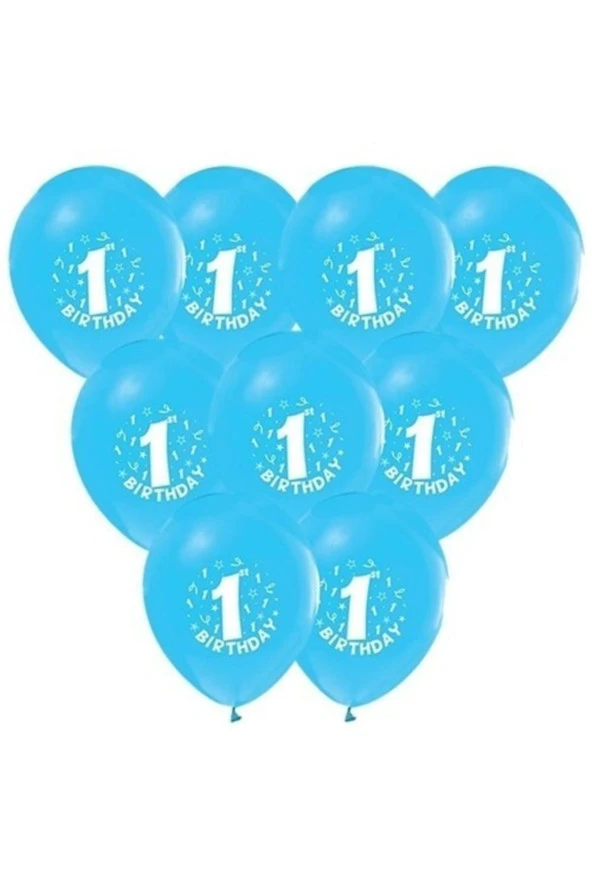1 Yaş Baskılı Mavi Balon 10 Adet
