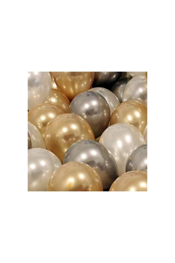 Metalik Sedefli Gold-Gümüş Gri-Beyaz Balon - 25 Adet