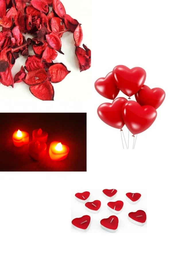 Seni Seviyorum Paketi 4 Ad  Mini Kalp Led Mum 10 Ad  Kalpli Balon 10 Ad  Kalpli Mum 1 Paket Kuru Gül