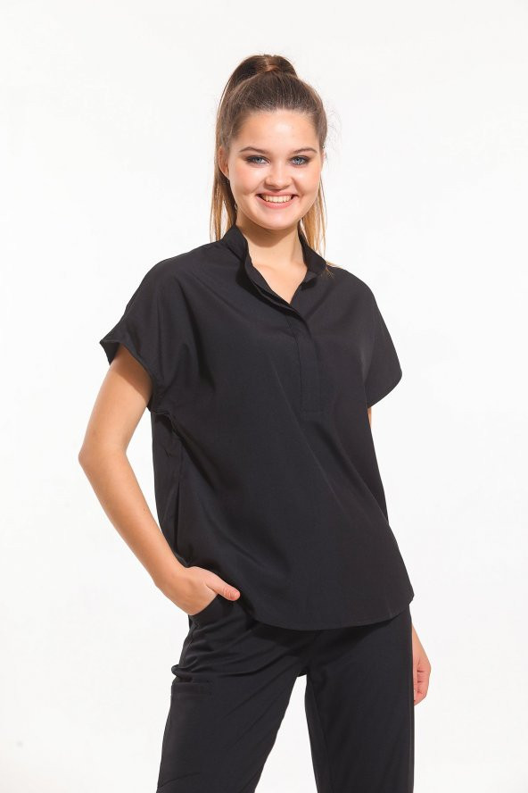 SANEM- Kadın Likralı Siyah Üniforma Üst ürün görseli 1