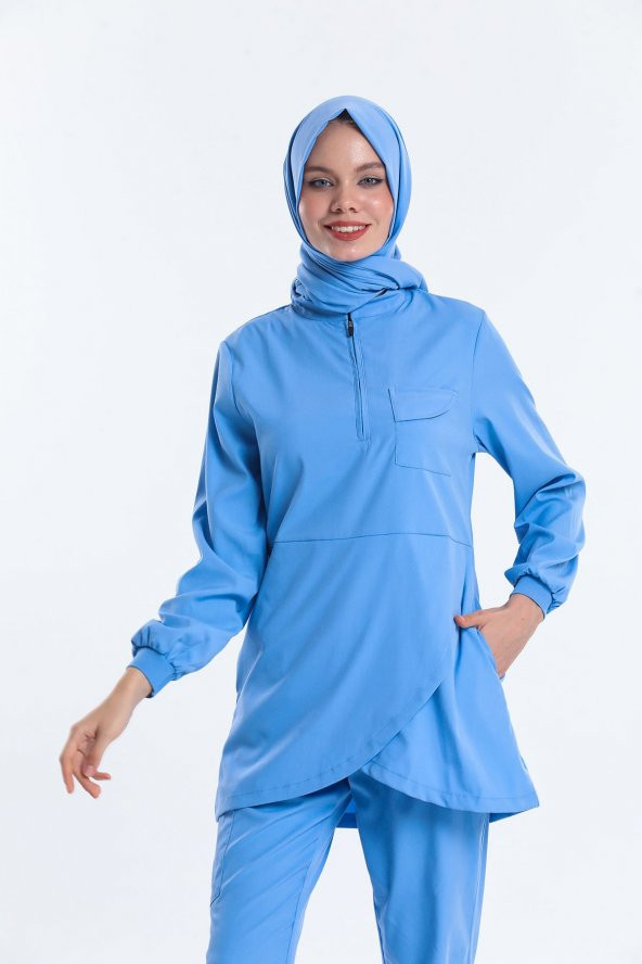 JASMINE - Kadın Likralı Buz Mavi Tesettür Üniforma Takımı - 4