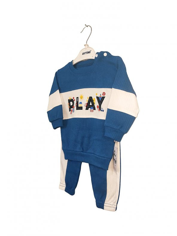 Çağkon Aytini Play Baskılı Çizgili Bebek Takımı 2li Bebek Kıyafeti Erkek 100 Pamuk