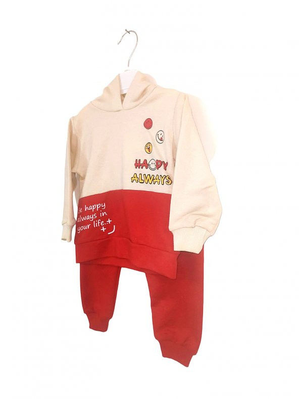 RAKUN BABY Baskılı Kapüşonlu Kırmızı Bebek Takımı 2li Bebek Kıyafeti Erkek & Kız 100 Pamuk