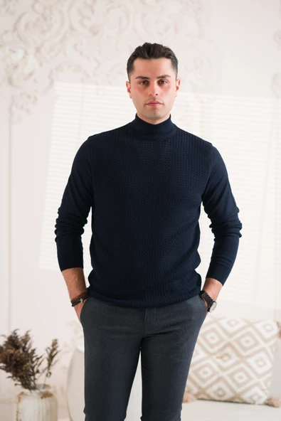 SAN&FA ÖRGÜ DESEN YARIM BALIKCI REGULAR FİT ERKEK TRİKO KAZAK - Resim 11