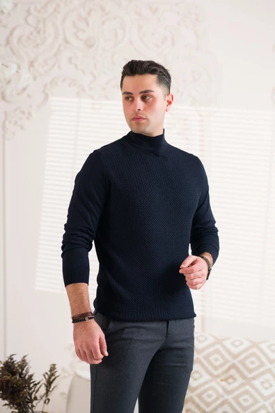 SAN&FA ÖRGÜ DESEN YARIM BALIKCI REGULAR FİT ERKEK TRİKO KAZAK - Resim 12