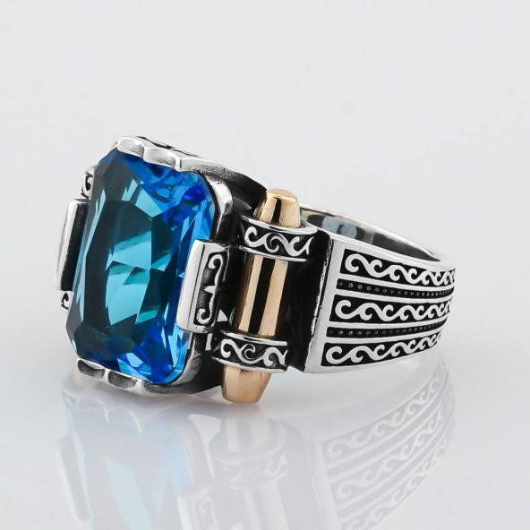 Aquamarin Taşlı 925 Ayar Gümüş Erkek Yüzük - Resim 2